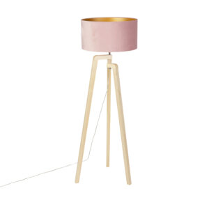 Floor lamp tripod wood with pink velor shade 50 cm - Puros