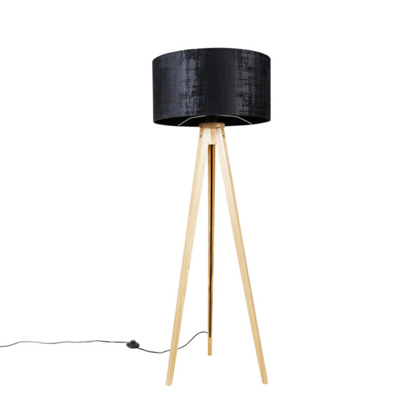 Floor lamp wood with fabric shade black 50 cm - Tripod Classic