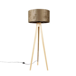 Floor lamp wood with fabric shade brown 50 cm – Tripod Classic