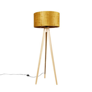 Floor lamp wood with fabric shade gold 50 cm – Tripod Classic