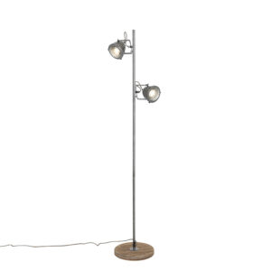 Industrial floor lamp steel with wood 2-light – Emado