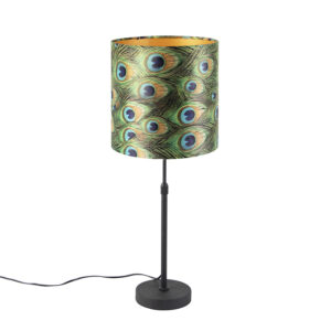 Table lamp black with velor shade peacock with gold 25 cm – Parte