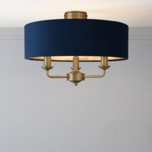 Laura Ashley Sorrento 3 Light Semi Flush Ceiling Light In Matt Antique With Blue Shade